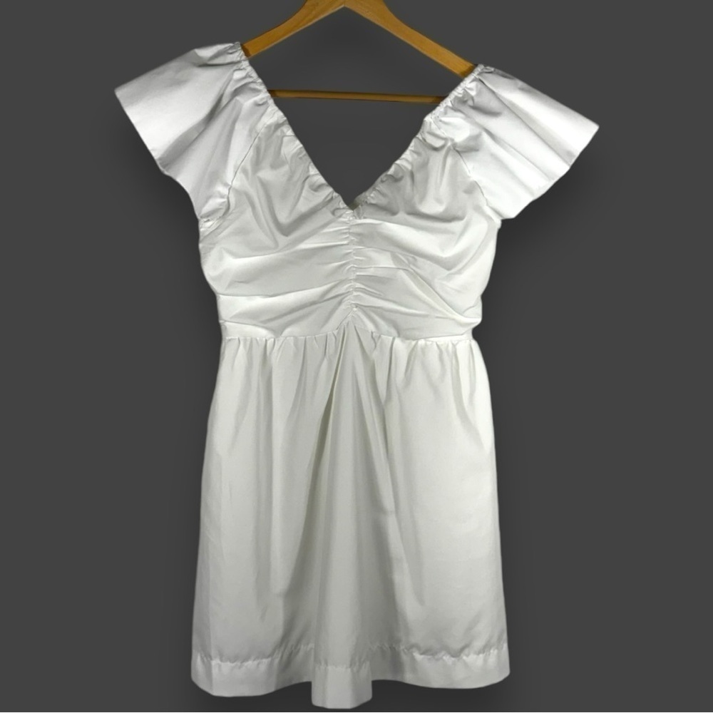 Ces Femme Flutter Sleeve Double V Neck Ruched Mini Dress, White, Size Medium
